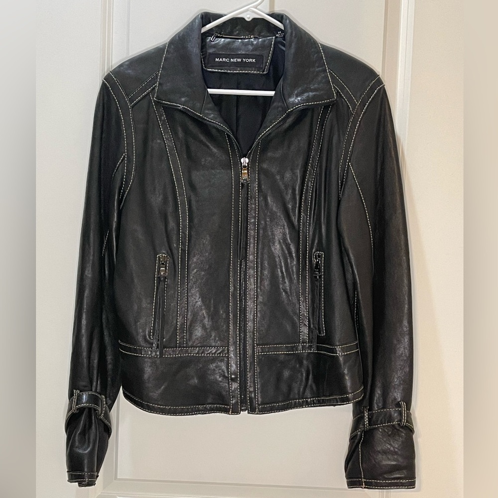 Marc New York Black Leather Jacket with Stitch Detail Size Medium